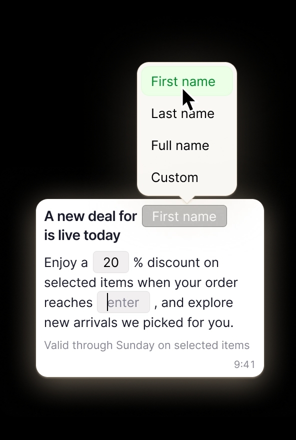 An example of setting variables in a message for WhatsApp bulk messaging.