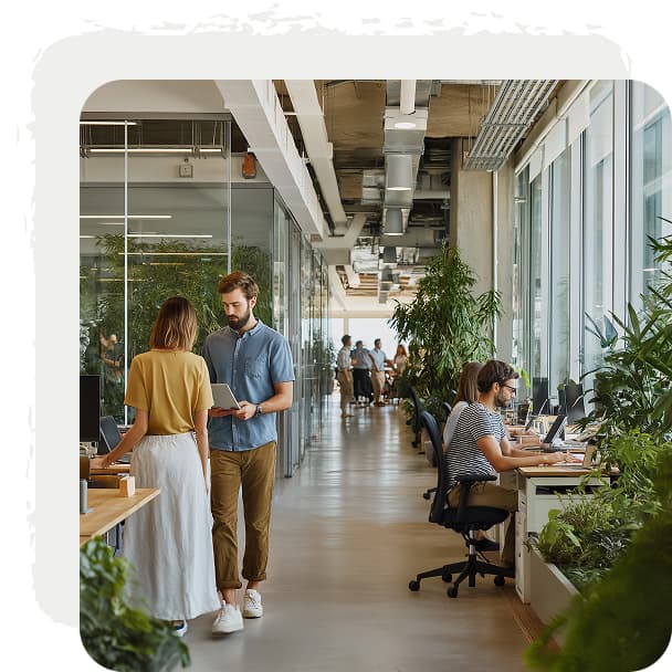 Работники решают задачи в большом офисе