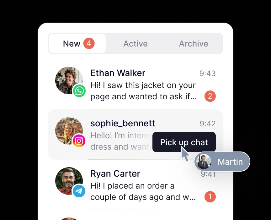 YoLead conversation list with assigned teammates and customer request statuses