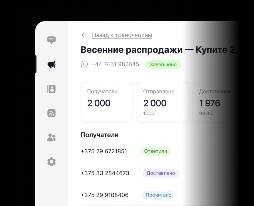 Статистика WhatsApp-рассылки с количеством отправленных, доставленных и прочитанных сообщений