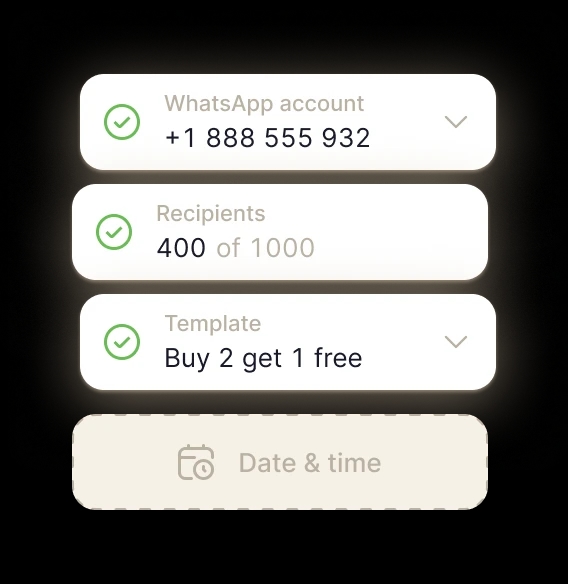 Bulk WhatsApp message setup form with account, recipients, template, and schedule fields.