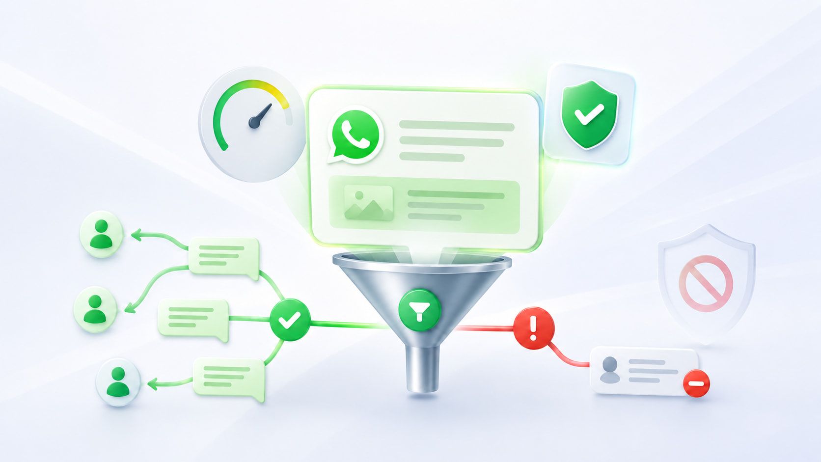 Иллюстрация фильтрации WhatsApp-сообщений: рассылка проходит модерацию, часть сообщений одобряется, а рискованные отправки блокируются.